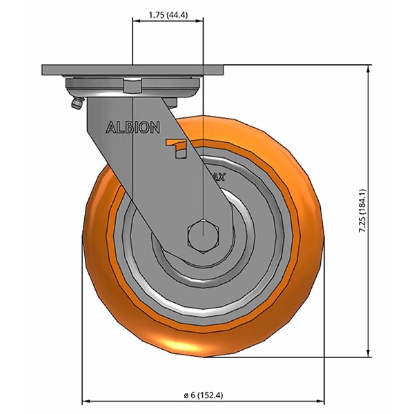 Side view drawing of caster with dimensions